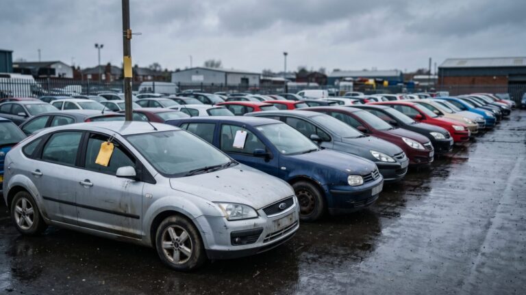 row of used-car sedans on a dealer lot under overcast sky