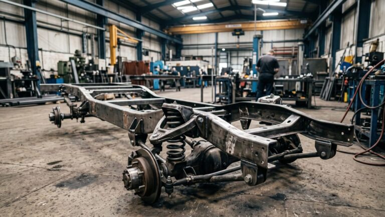 Exposed ladder-frame truck chassis in an automotive engineering workshop, pickup trucks