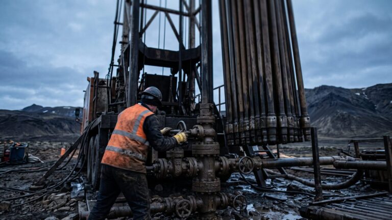 Enhanced geothermal drilling rig with steel pipes and worker at valve