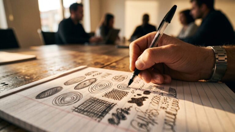 A hand doodling shapes in a notepad margin during a meeting, doodling meeting recall, workers who