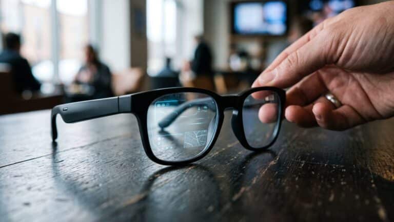 XREAL Aura Android XR glasses on dark surface with ambient blue light