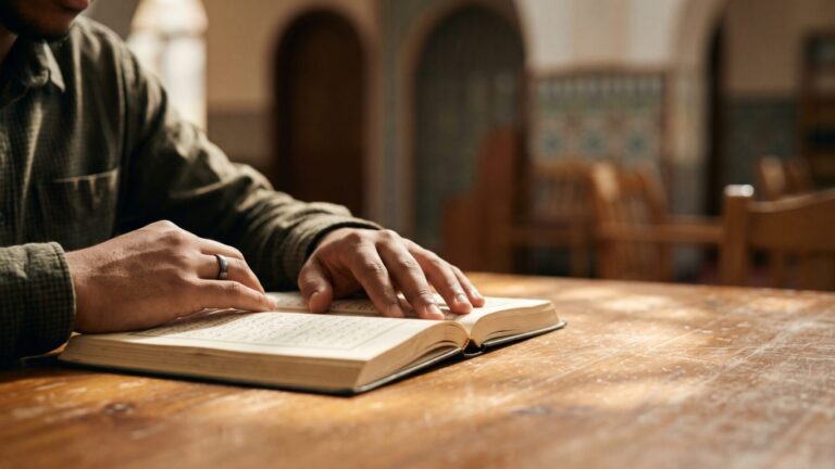 Young Muslim Americans hands on book inside community center