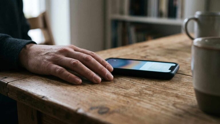 Parent texting a grown child from a kitchen counter, 73 percent