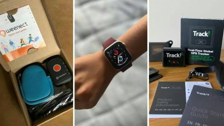 A kids GPS tracker clipped to a child's backpack strap