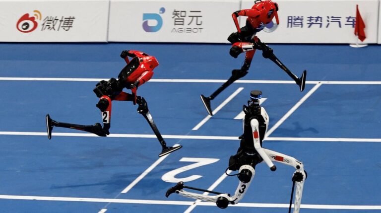Humanoid robot sprinting during record setting 100 meter run, beijing track