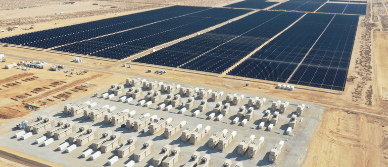 Rows of battery storage containers at the largest battery storage site, california solar