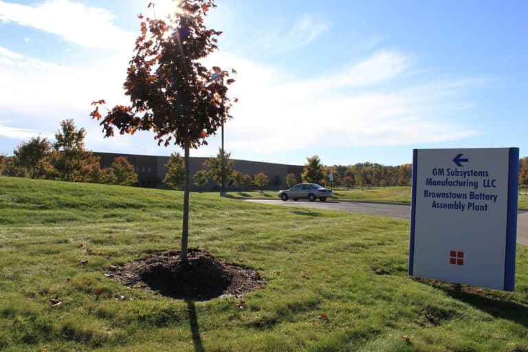 Exterior of a quiet battery plant building under gray sky, brownstown battery plant