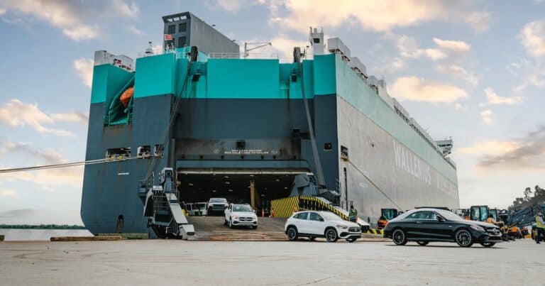 New vehicles at a port awaiting tariff refund paperwork, detroit automaker