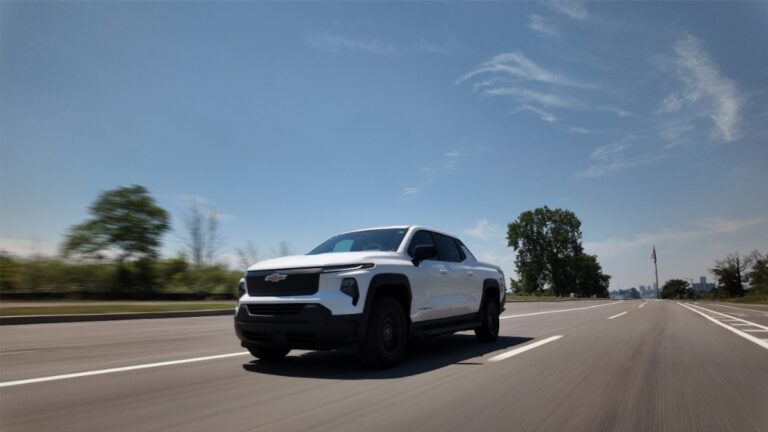 Electric pickup truck on public road during single charge record drive