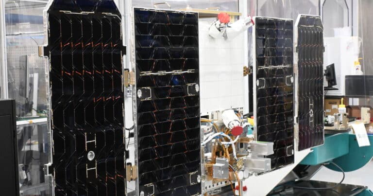 Prototype satellite for Project Suncatcher in a clean room