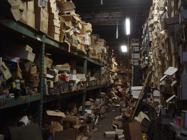 Cluttered garage with stacked boxes illustrating the hidden cost of home storage, storage space