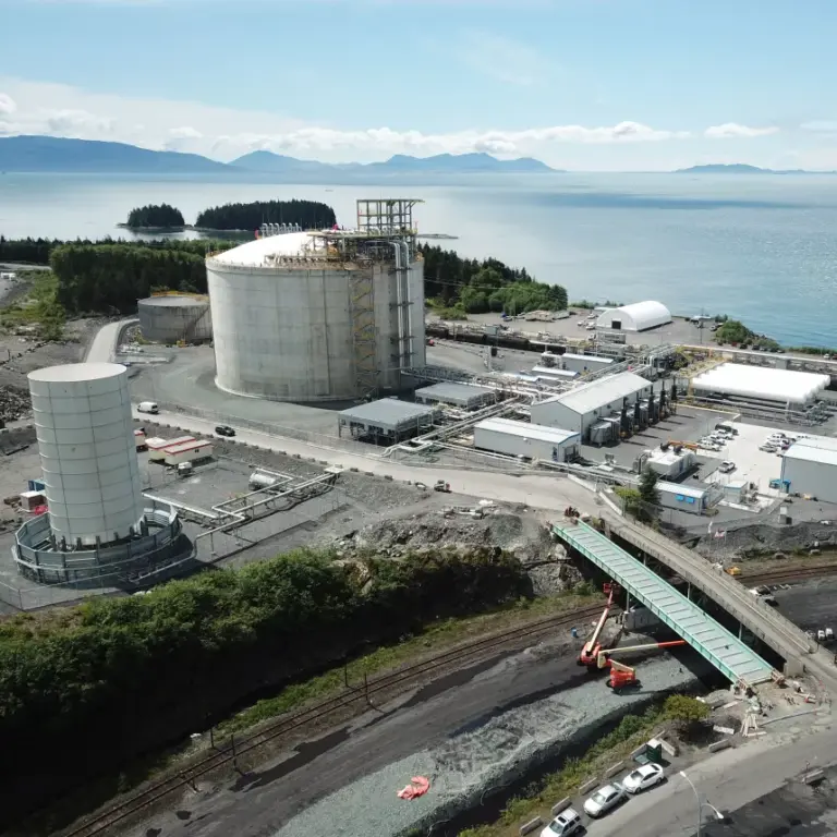 Propane export terminal tanks under overcast sky illustrating propane exports